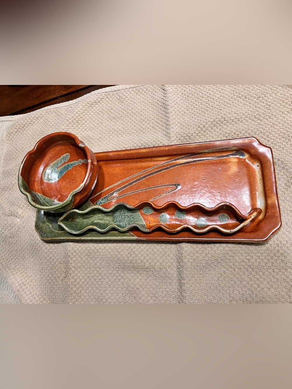 Studio pottery sushi serving set signed artist Robin Cage glazed green brown